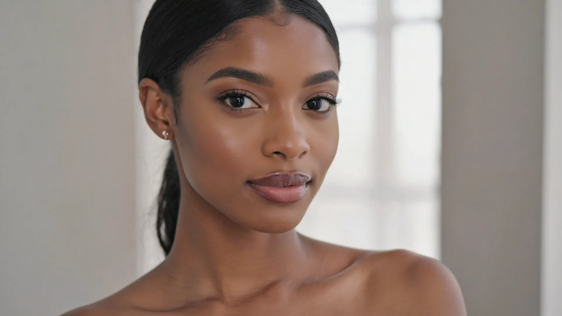 Woman with deep brown skin and an even, luminous complexion after Cosmelan depigmentation treatment