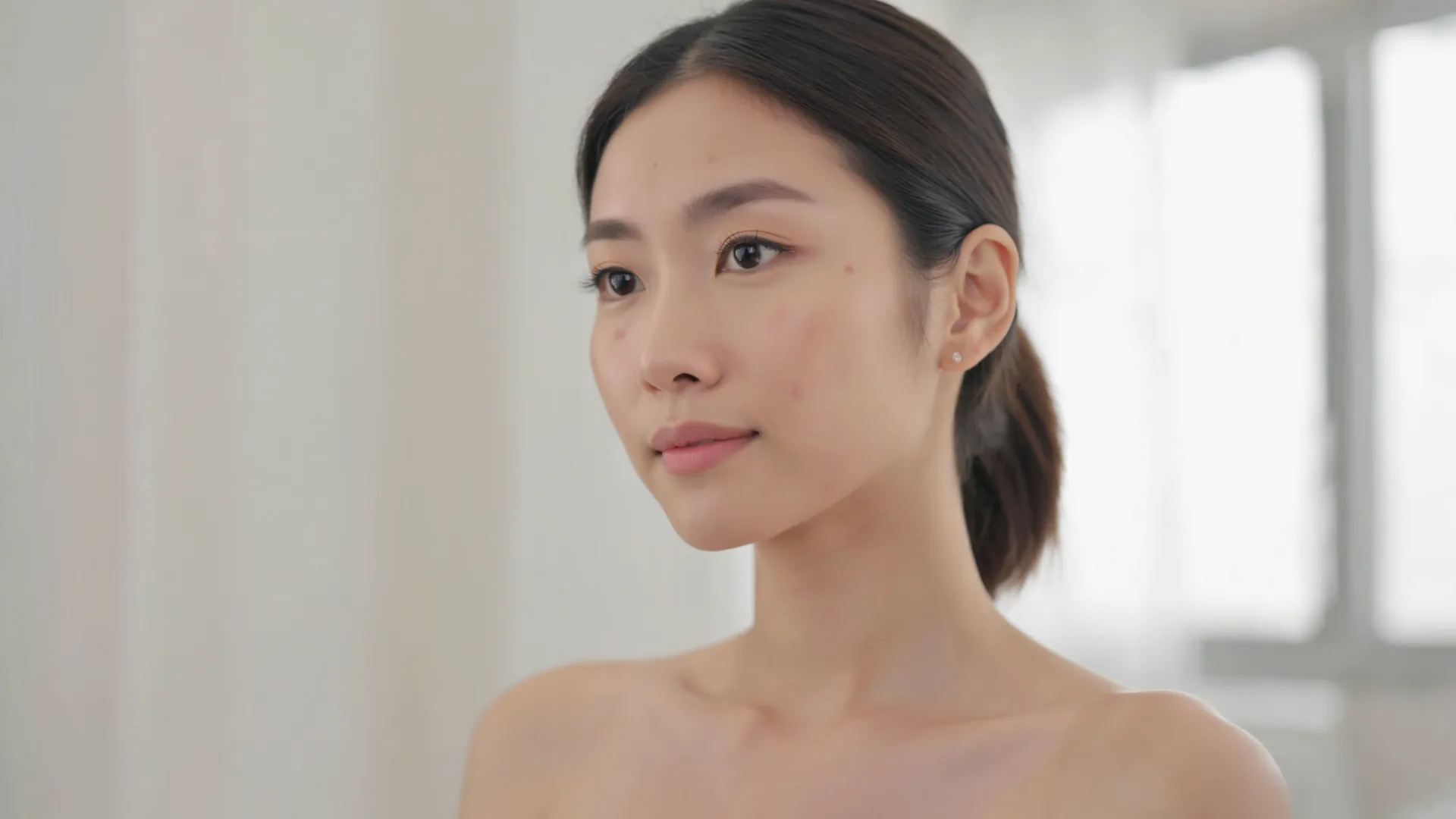 Woman with olive skin tone showing symmetrical melasma pigmentation across the cheeks and forehead